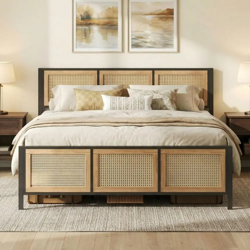 King Size Bed with Rattan Slat Platform, Metal Slats Support, No Box Spring, Quiet, Easy Assembly
King Size Bed with Rattan Slat Platform, Metal Slats Support, No Box Spring, Quiet, Easy Assembly
