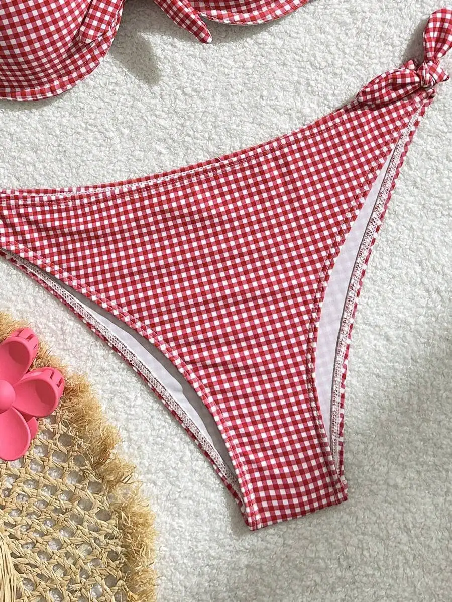 Womens Red And White Plaid Front Tie Bikini Set For Beach Vacation Summer
Womens Red And White Plaid Front Tie Bikini Set For Beach Vacation Summer