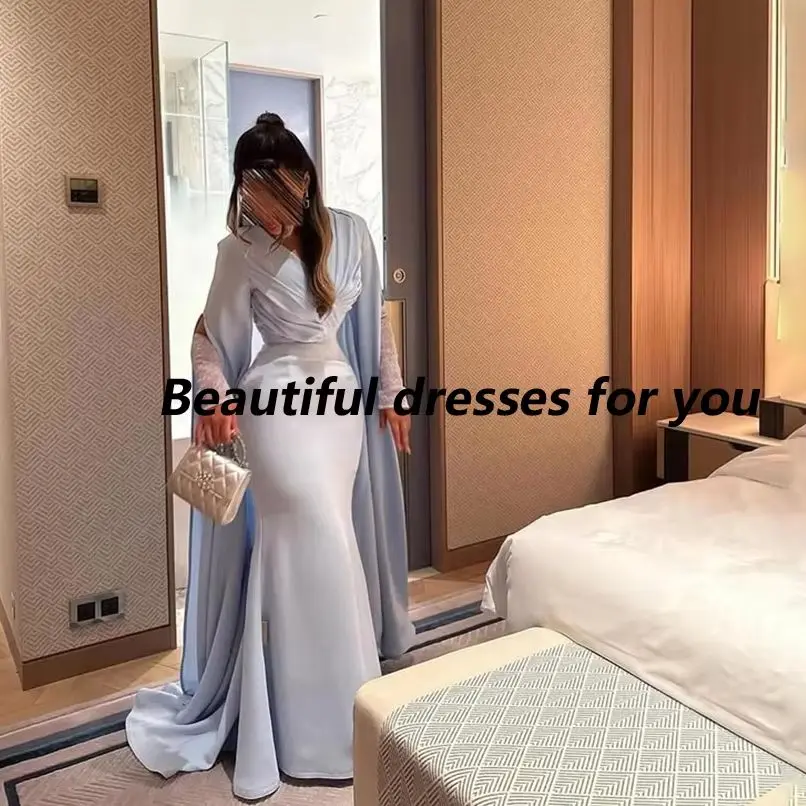 Elegant V-Neck Long Sleeves Evening Dress Customized Light Blue Mermaid Pleat Jersey Party Dress Floor Length Prom Gown
Elegant V-Neck Long Sleeves Evening Dress Customized Light Blue Mermaid Pleat Jersey Party Dress Floor Length Prom Gown