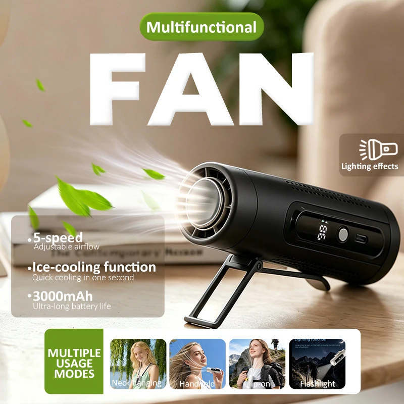 Multifunctional 5-in-1 Portable Fan, 5 Speeds, LED Display, Ice Cooling & Flashlight, 3000mAh Rechargeable, Hand-free Neck Fan
Multifunctional 5-in-1 Portable Fan, 5 Speeds, LED Display, Ice Cooling & Flashlight, 3000mAh Rechargeable, Hand-free Neck Fan