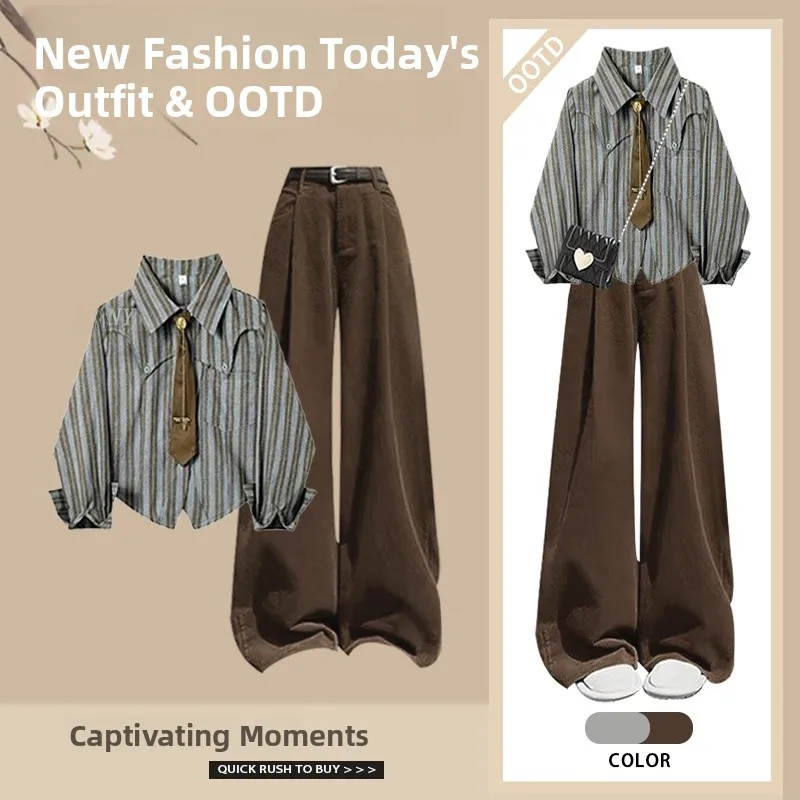 Spring College Style Women's Neck Long Sleeve Striped Shirt High Waist Casual Pants Two Piece Set Fashionable Workwear
Spring College Style Women's Neck Long Sleeve Striped Shirt High Waist Casual Pants Two Piece Set Fashionable Workwear