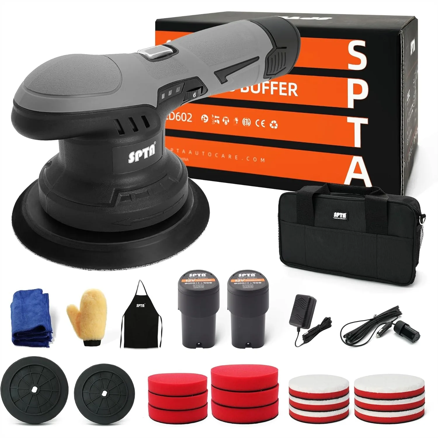 Cordless Car Buffer Polisher with 2Pcs 12V Rechargeable Batteries, Variable Speed 2500-5000 RPM, 5" & 6" Backing Plate, Foam &
Cordless Car Buffer Polisher with 2Pcs 12V Rechargeable Batteries, Variable Speed 2500-5000 RPM, 5" & 6" Backing Plate, Foam &