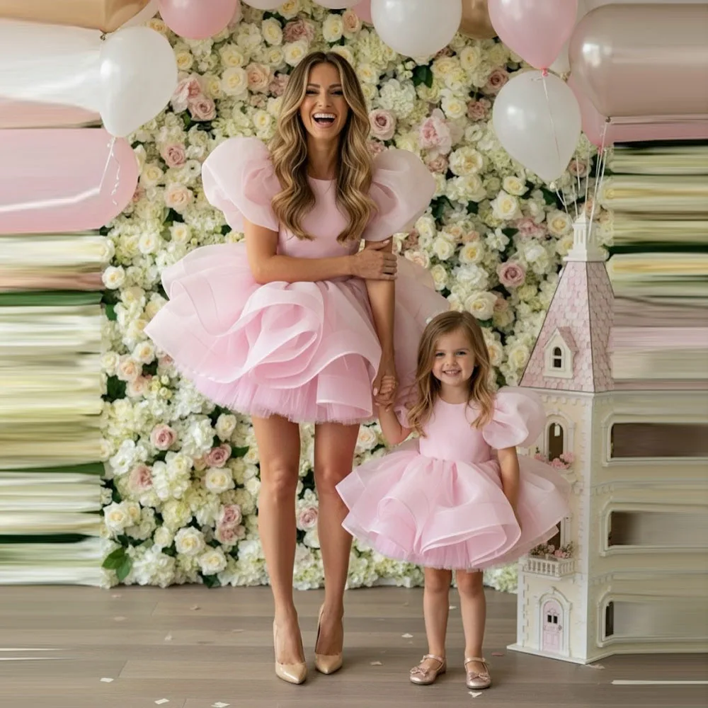 Pink Tulle Mother and Daughter Dress With Short Sleeves Birthday Family Look Above Knee Length Mommy and Me Holiday Dress
Pink Tulle Mother and Daughter Dress With Short Sleeves Birthday Family Look Above Knee Length Mommy and Me Holiday Dress