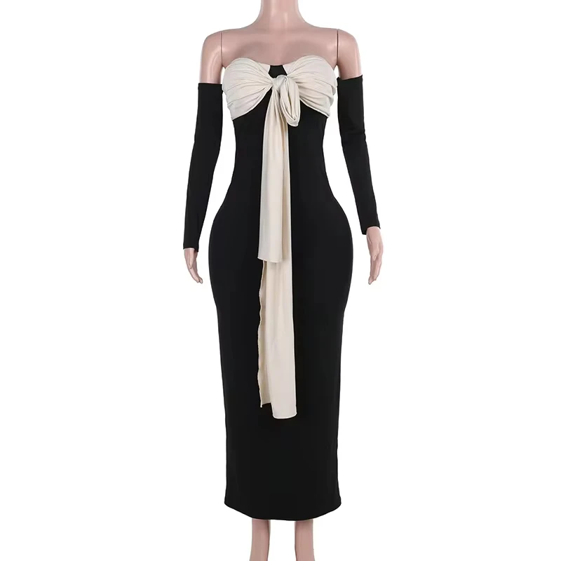 Patchwork Off-shoulder Bow Sexy Maxi Dress For Women Gown Contrast Color Strapless Long Sleeve Bodycon Sexy Long Dress
Patchwork Off-shoulder Bow Sexy Maxi Dress For Women Gown Contrast Color Strapless Long Sleeve Bodycon Sexy Long Dress