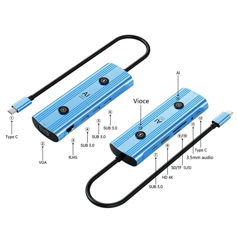 Ai USB-C Adapter Smart Type-C Docking Station,13-In-1 Hub AI Voice Docking Station VGA USB RJ45 SD/TF 3.5Mm PD3.0
Ai USB-C Adapter Smart Type-C Docking Station,13-In-1 Hub AI Voice Docking Station VGA USB RJ45 SD/TF 3.5Mm PD3.0