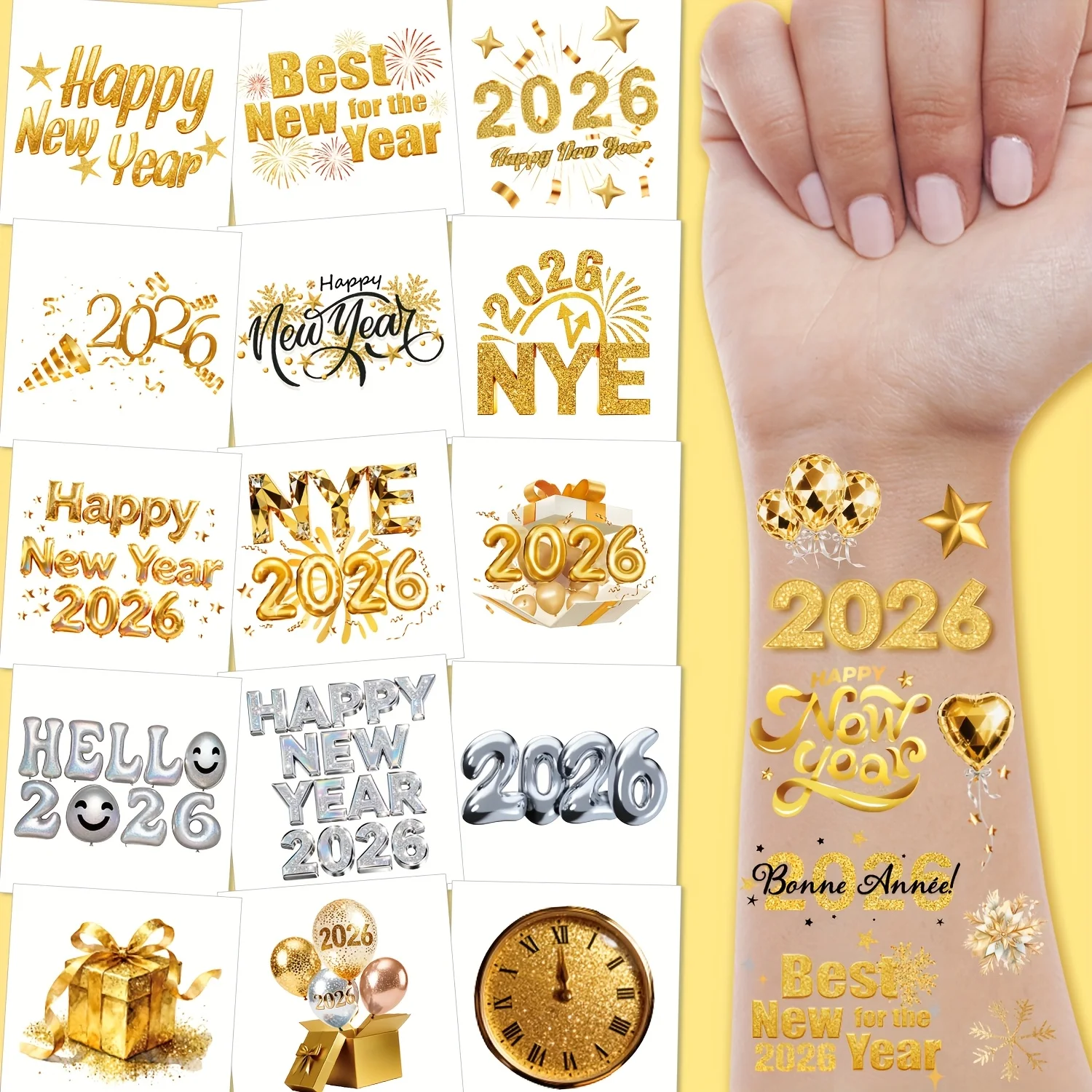 10 sheets 2026 New Year Temporary Tattoos - Glitter New Year, Festive Party Favors for New Year'S Eve,Easy Application & Removal
10 sheets 2026 New Year Temporary Tattoos - Glitter New Year, Festive Party Favors for New Year'S Eve,Easy Application & Removal
