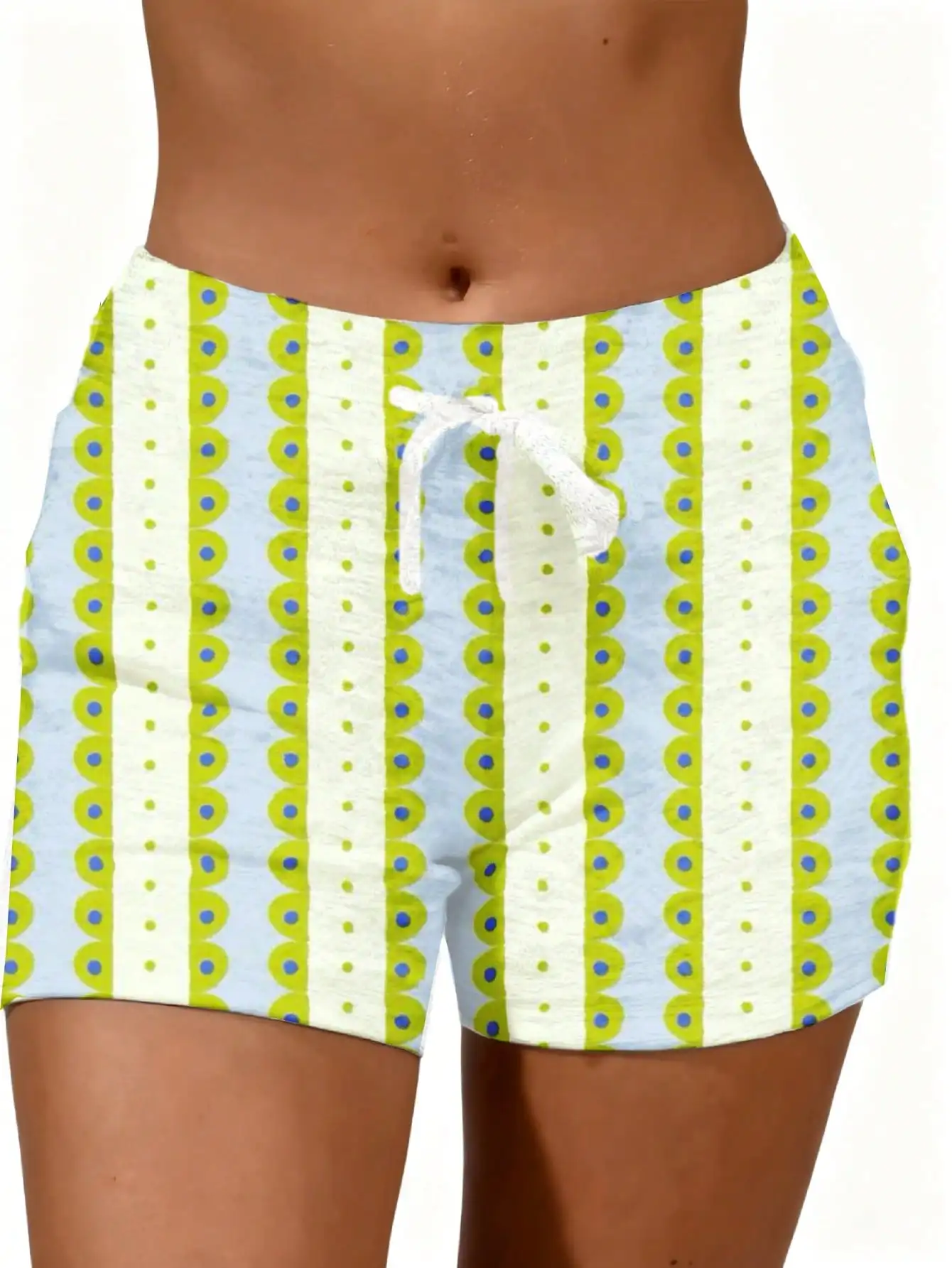 Women's Shorts Light Blue And Lime Green Striped With Polka Dot Pattern For Summer Beach Wear
Women's Shorts Light Blue And Lime Green Striped With Polka Dot Pattern For Summer Beach Wear
