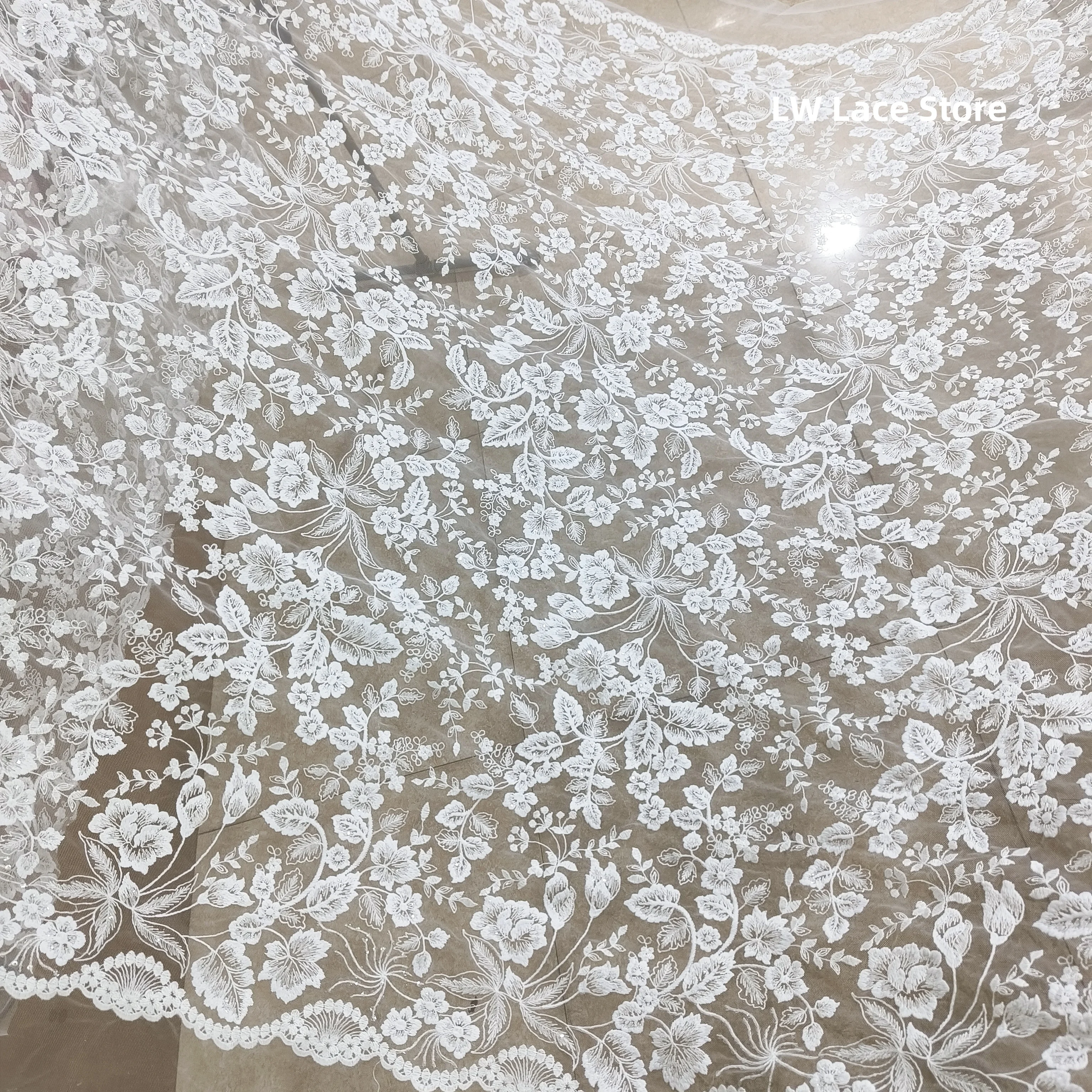 130CM Wide Milk Silk Embroidered Floral Lace Fabric with Transparent Sequins Tulle Wedding Dress/Bridal Gown Material Off White
130CM Wide Milk Silk Embroidered Floral Lace Fabric with Transparent Sequins Tulle Wedding Dress/Bridal Gown Material Off White