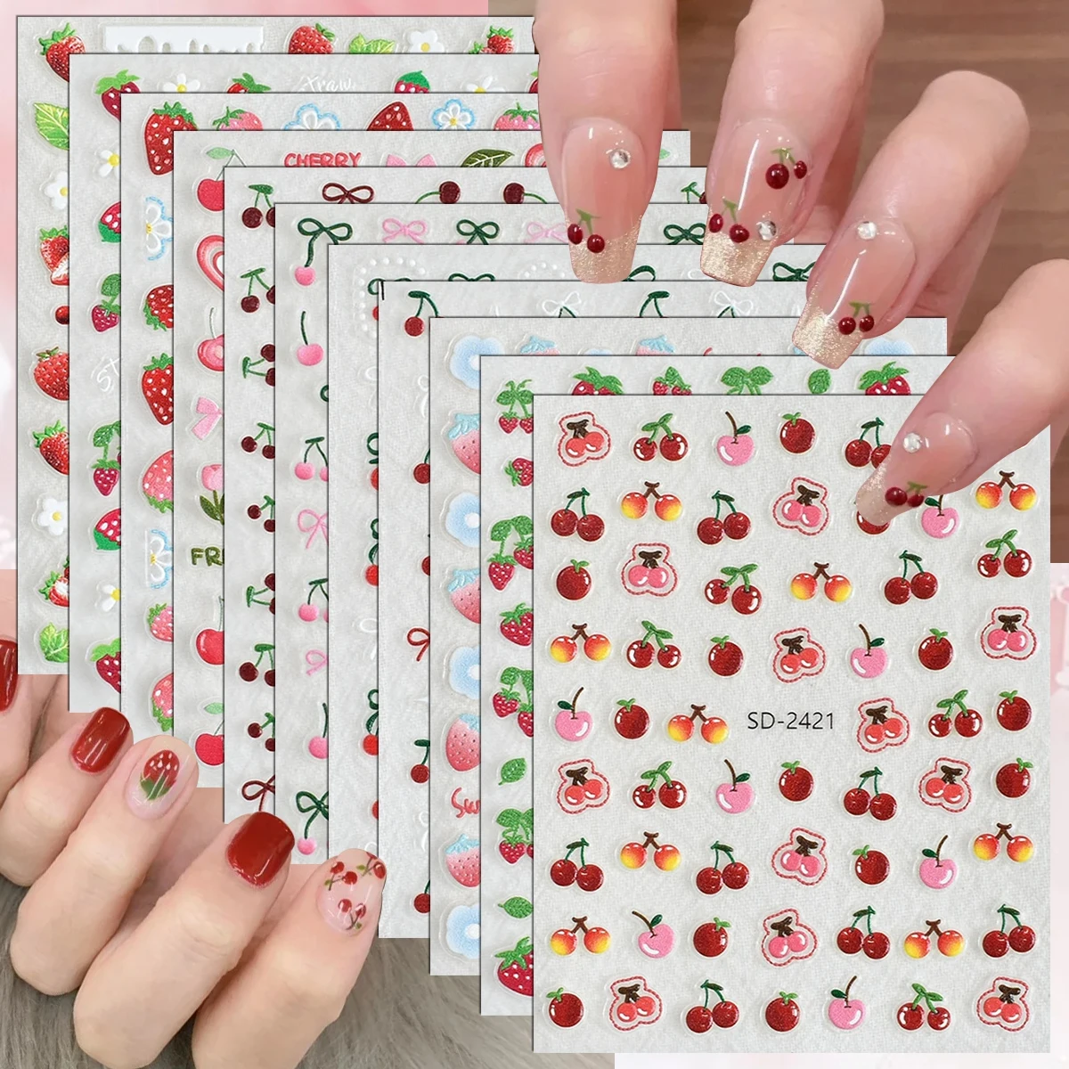 3/5/6/11/22 Sheets Cherry Strawberry Nail Stickers, 5D Embossed Fruit Bow Nail Decals, Self-Adhesive Summer Nail Art
3/5/6/11/22 Sheets Cherry Strawberry Nail Stickers, 5D Embossed Fruit Bow Nail Decals, Self-Adhesive Summer Nail Art