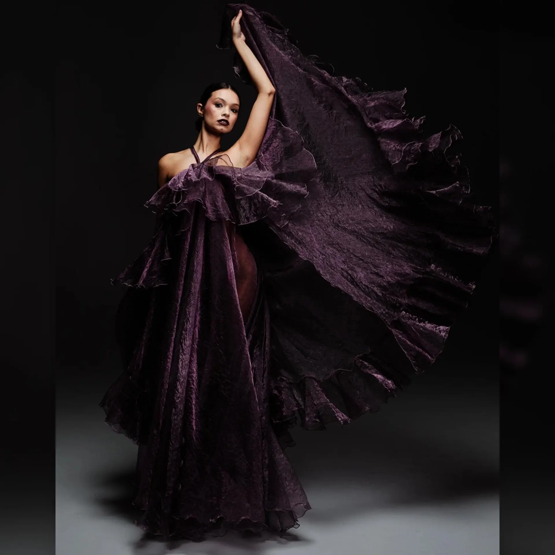 Dark Purple Gothic Ruffled Evening Gown with Dramatic Cape | Long Sleeveless Sheer Tulle Dress for Wedding Party Prom Haute
Dark Purple Gothic Ruffled Evening Gown with Dramatic Cape | Long Sleeveless Sheer Tulle Dress for Wedding Party Prom Haute