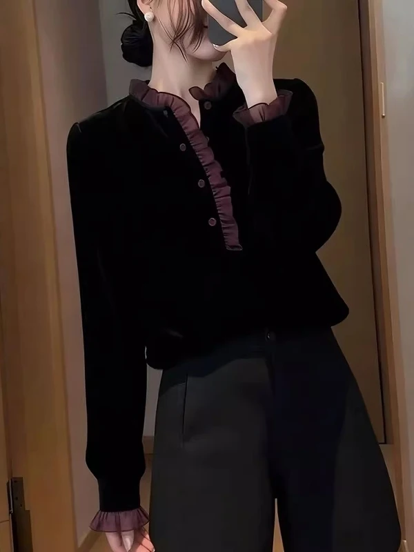 Spring 2026 Women's Velvet Long Sve irt Lace Trim plus Size Faionable Slimming Top Korean Sle Commute Wind Loose Fit
Spring 2026 Women's Velvet Long Sve irt Lace Trim plus Size Faionable Slimming Top Korean Sle Commute Wind Loose Fit