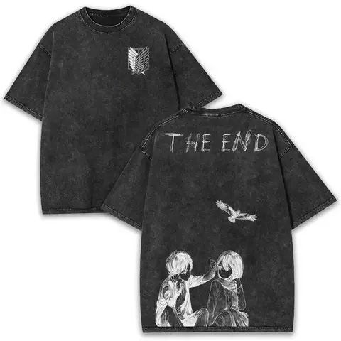 2026 Anime Attack on Titan Eren Mikasa Printed T-shirt Men's and Women's Washed T-shirt High Quality Vintage Cotton T-shirt Tops