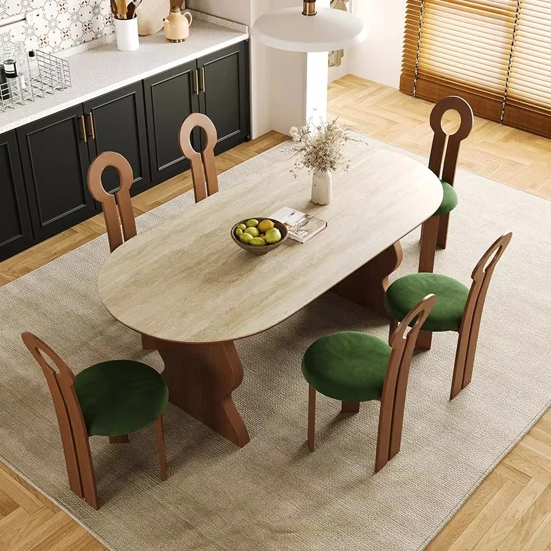 French Retro Oval Dining Table, Light Sintered Stone Top With Wave-Shaped Walnut Base, 6-Seater Vintage Kitchen Furniture
French Retro Oval Dining Table, Light Sintered Stone Top With Wave-Shaped Walnut Base, 6-Seater Vintage Kitchen Furniture