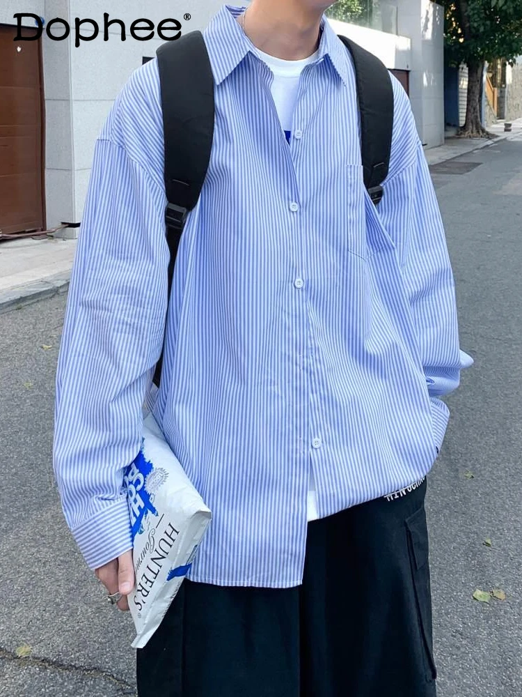 Solid Color Striped Shirts Men's Street Trendy Loose Comfortable Shirt Tops Long Sleeve Single Row Multi-Buckle Thin Coat
Solid Color Striped Shirts Men's Street Trendy Loose Comfortable Shirt Tops Long Sleeve Single Row Multi-Buckle Thin Coat