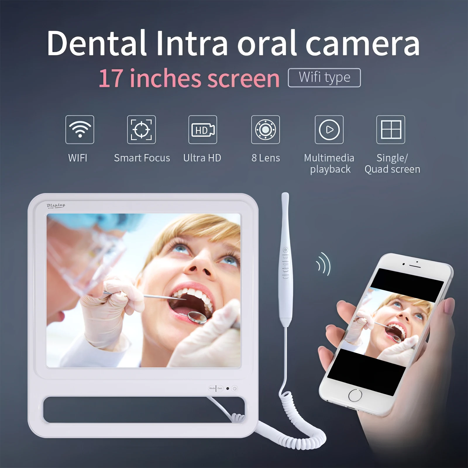 Wireless WiFi HD Dental Intra Oral Camera 8 LED High-definition macro lens +17inch LCD screen
Wireless WiFi HD Dental Intra Oral Camera 8 LED High-definition macro lens +17inch LCD screen