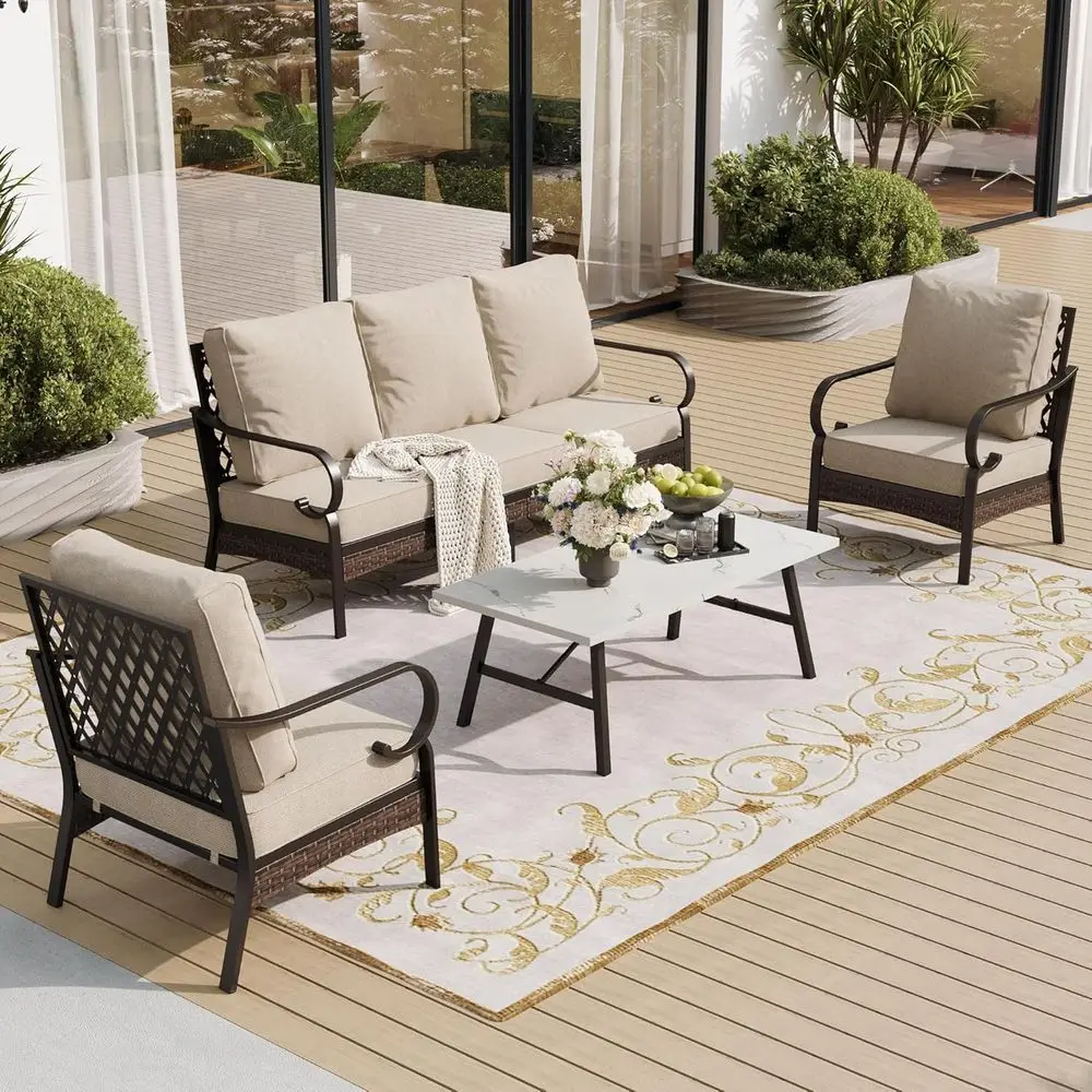 4-Piece Outdoor Patio Furniture Set: 3-Seat Sofa, 2 Chairs, Coffee Table with Thick Cushions, Black and Beige
4-Piece Outdoor Patio Furniture Set: 3-Seat Sofa, 2 Chairs, Coffee Table with Thick Cushions, Black and Beige