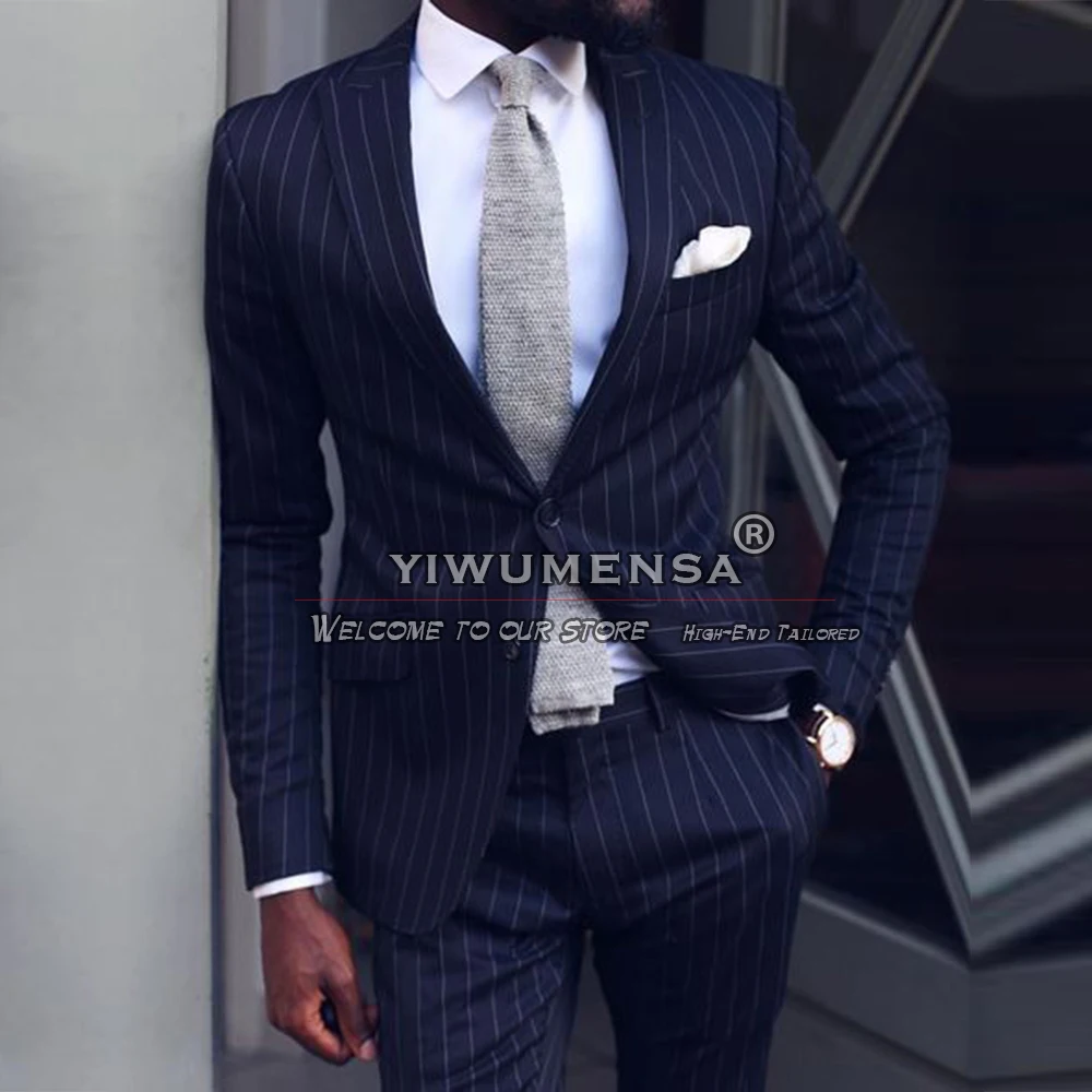 Latest Business Blazer Sets Formal Men Suits Deep Navy Stripe Single Breasted Coat Pants 2 Pieces Groom Wedding Tuxedo Tailored
Latest Business Blazer Sets Formal Men Suits Deep Navy Stripe Single Breasted Coat Pants 2 Pieces Groom Wedding Tuxedo Tailored