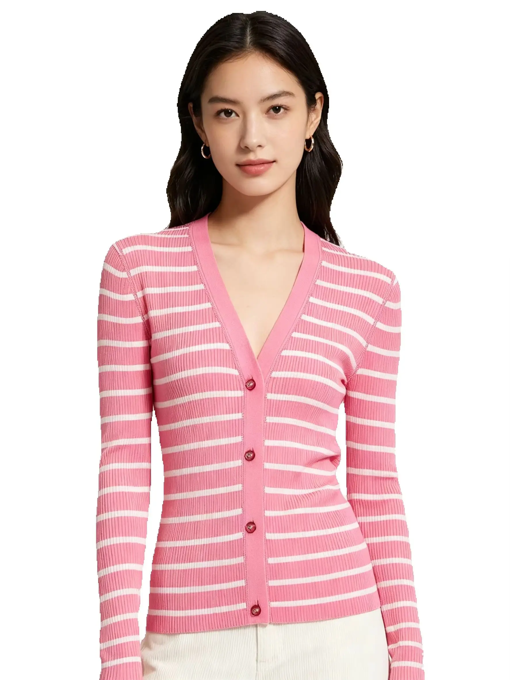 High Quality Autumn New Striped Fashionable High Stretch Knitted Pearl Button V-neck Long Sleeved Top Women's Cardigan
High Quality Autumn New Striped Fashionable High Stretch Knitted Pearl Button V-neck Long Sleeved Top Women's Cardigan