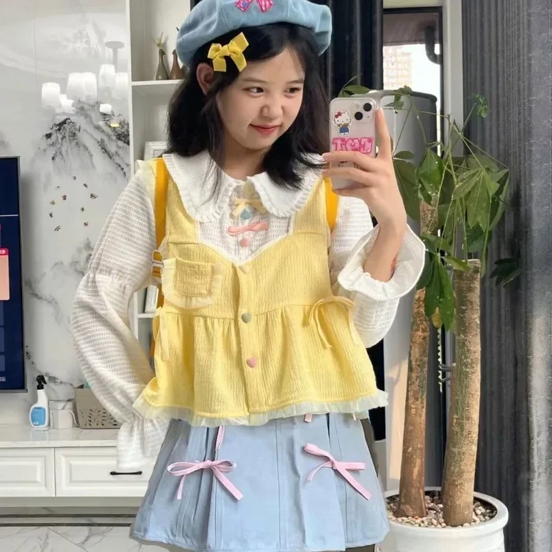 3 Piece Sets Japanese Sweet Kawaii Mori Girl Style Bow Skirts Long Sleeve Y2k Peter Pan Collar Shirts Yellow Women Tanks Tops
3 Piece Sets Japanese Sweet Kawaii Mori Girl Style Bow Skirts Long Sleeve Y2k Peter Pan Collar Shirts Yellow Women Tanks Tops