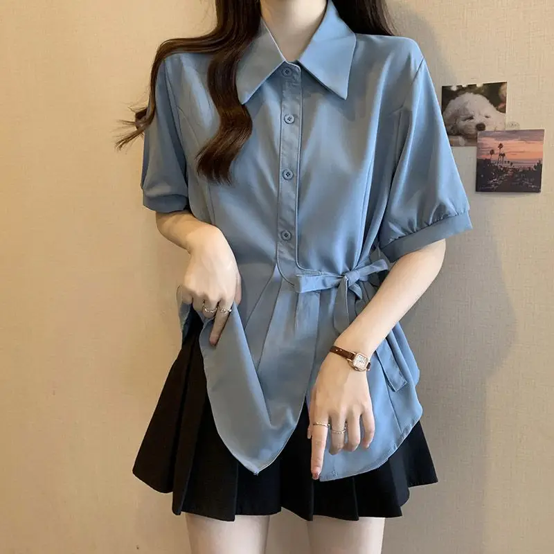 Office Lady Fashionable Bandage Shirts Women's Clothing Solid Color Basic Summer Short Sleeve Korean Lapel Asymmetrical Blouse
Office Lady Fashionable Bandage Shirts Women's Clothing Solid Color Basic Summer Short Sleeve Korean Lapel Asymmetrical Blouse