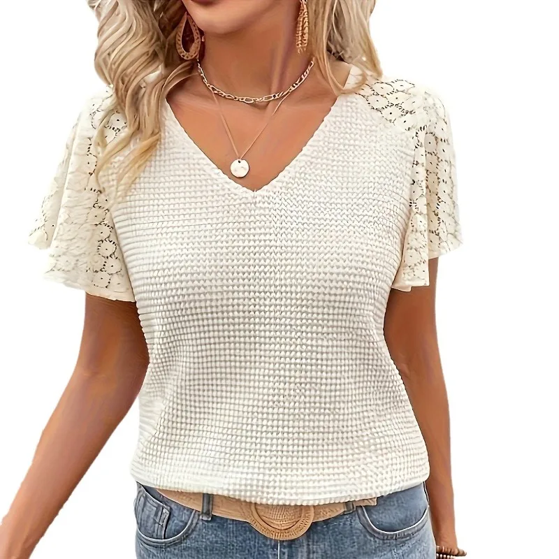 Women's Clothing Elegant V-neck Lace Spliced Blouses Top Spring Summer Streetwear Female Flared Short Sleeves Sweater T-shirts
Women's Clothing Elegant V-neck Lace Spliced Blouses Top Spring Summer Streetwear Female Flared Short Sleeves Sweater T-shirts