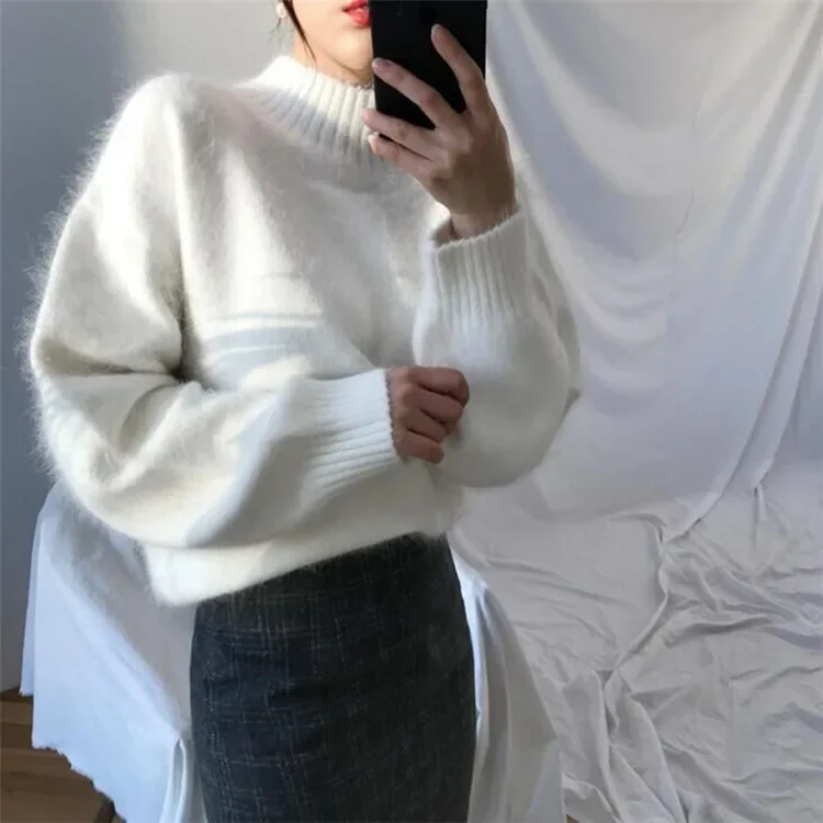 Women White Furry Knit Sweaters Jumper Pullovers Loose Soft Fluffy Rabbit Hair Solid Sweater Female Cashmere Turtleneck Pullover
Women White Furry Knit Sweaters Jumper Pullovers Loose Soft Fluffy Rabbit Hair Solid Sweater Female Cashmere Turtleneck Pullover