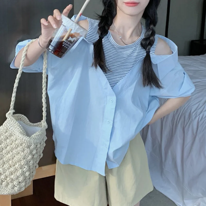 Shirts for Women Fake 2 Pcs Patchwork Off Shoulder Design Ins Casual Daily Ladies Chemise Femme Young Korean Style Fashion Basic
Shirts for Women Fake 2 Pcs Patchwork Off Shoulder Design Ins Casual Daily Ladies Chemise Femme Young Korean Style Fashion Basic