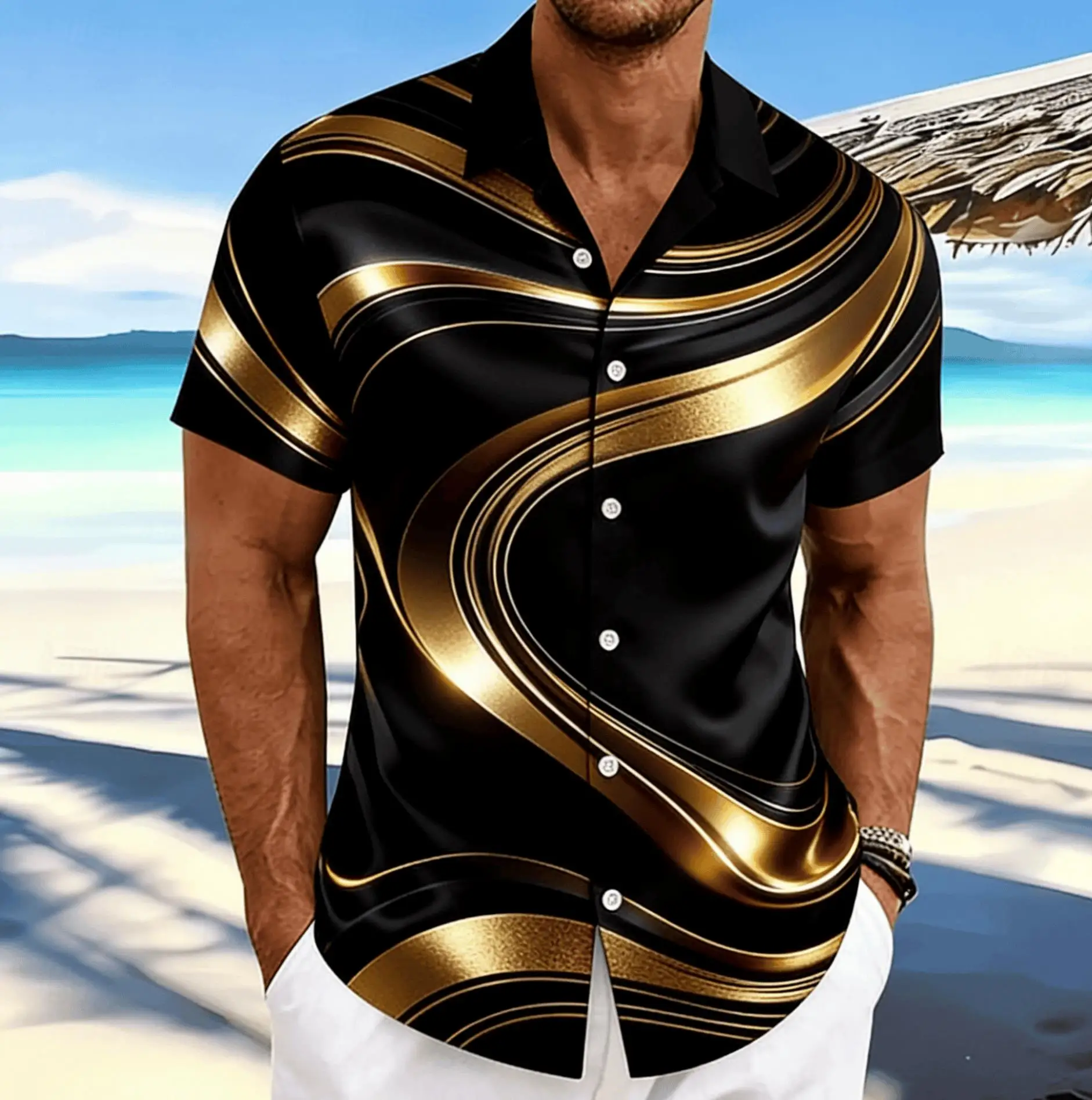 Men's Black Gold Luxury Short Sleeve Shirt, Spring Summer Business Vacation Casual Blouse, Loose Casual Top
Men's Black Gold Luxury Short Sleeve Shirt, Spring Summer Business Vacation Casual Blouse, Loose Casual Top