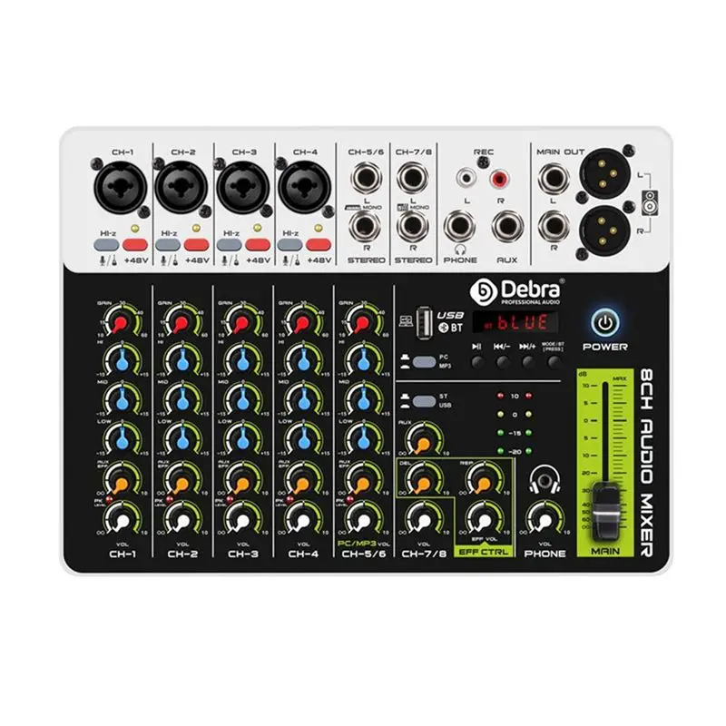 DEBRA PROFESSIONAL AUDIO V8 Audio Mixer Small Mixing Console With Bluetooth USB 48V Phantom Power Delay Repaeat For DJ
DEBRA PROFESSIONAL AUDIO V8 Audio Mixer Small Mixing Console With Bluetooth USB 48V Phantom Power Delay Repaeat For DJ