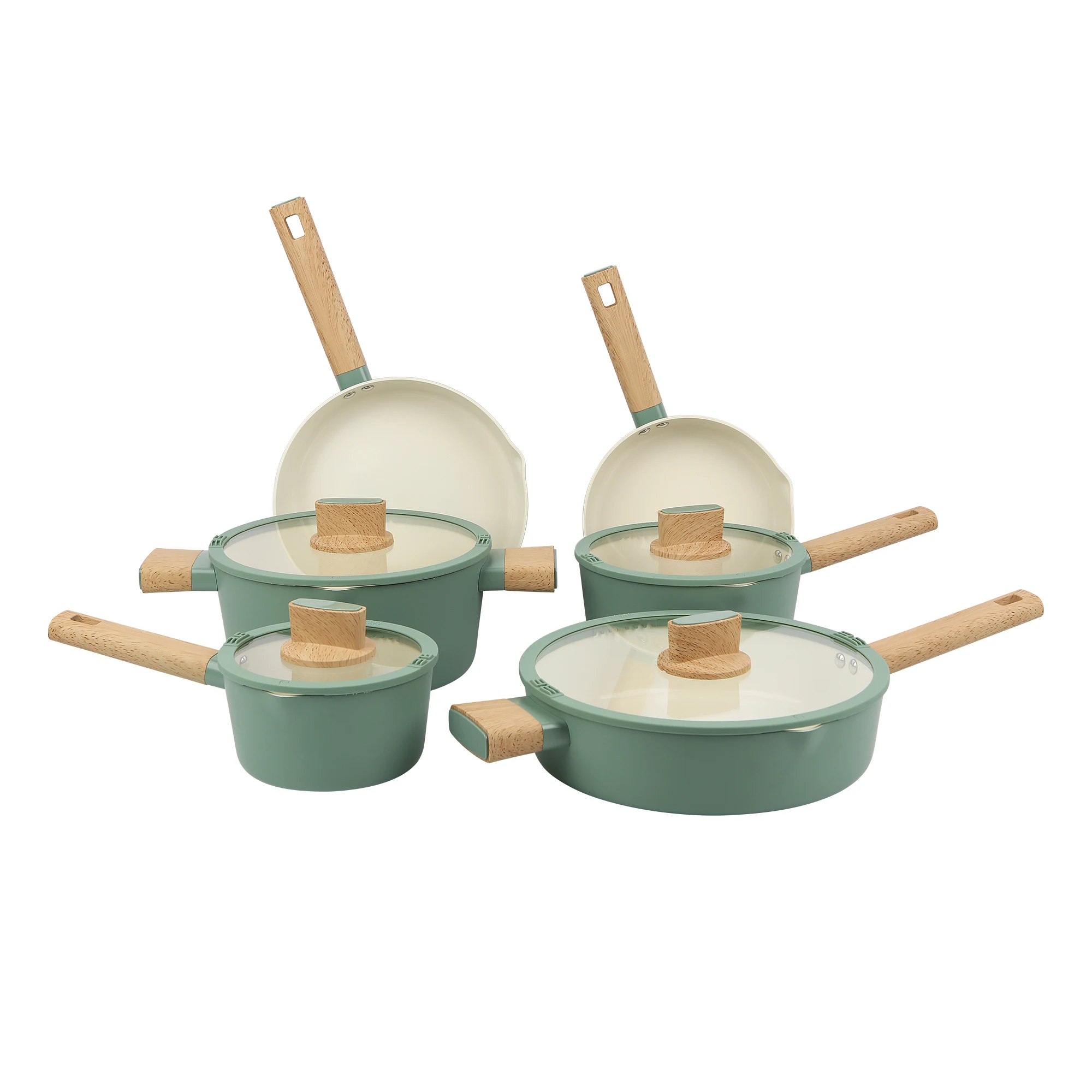 10-piece nonstick ceramic cookware set in green sage color
10-piece nonstick ceramic cookware set in green sage color
