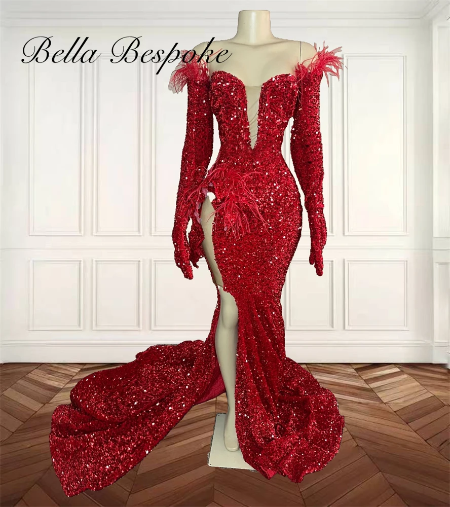 Sparkly Red Sequin Prom Dresses Long Feather Birthday Dress Women 2024 Off The Shoulder Split Formal Gown Customized
Sparkly Red Sequin Prom Dresses Long Feather Birthday Dress Women 2024 Off The Shoulder Split Formal Gown Customized