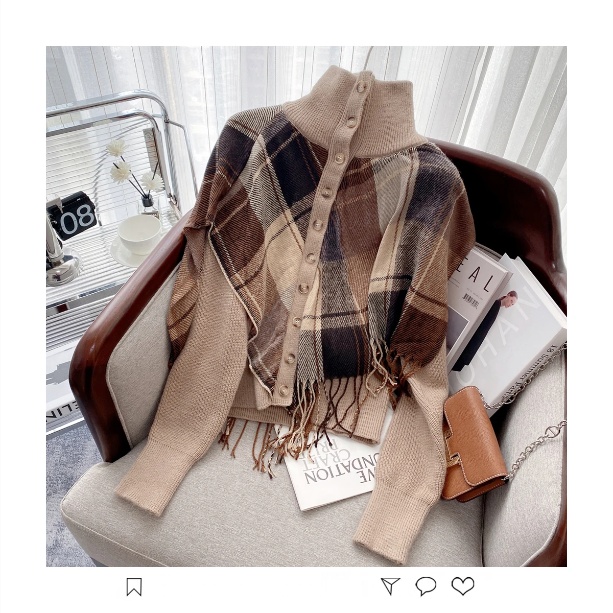 Women's Khaki Checked Tassel Shawl Fake Two-Piece Lapel Knitted Cardigan Autumn And Winter Korean Design Retro Sweater Trend
Women's Khaki Checked Tassel Shawl Fake Two-Piece Lapel Knitted Cardigan Autumn And Winter Korean Design Retro Sweater Trend