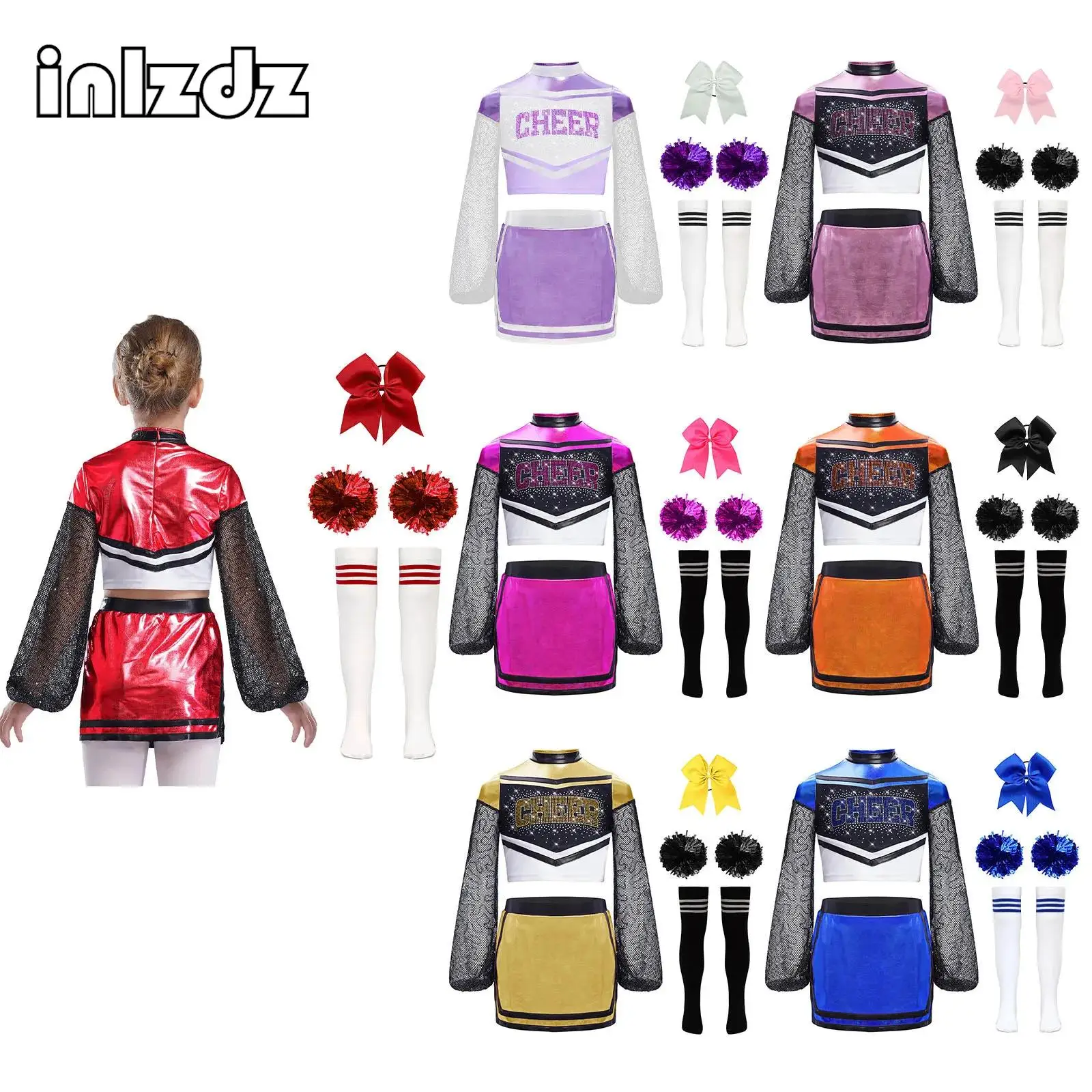 Kids Girls Cheerleading Uniform Cheerlead Outfit Hollow Out Mesh Rhinestone Crop Top+Skirt+Accessories Set for Birthday Party
Kids Girls Cheerleading Uniform Cheerlead Outfit Hollow Out Mesh Rhinestone Crop Top+Skirt+Accessories Set for Birthday Party