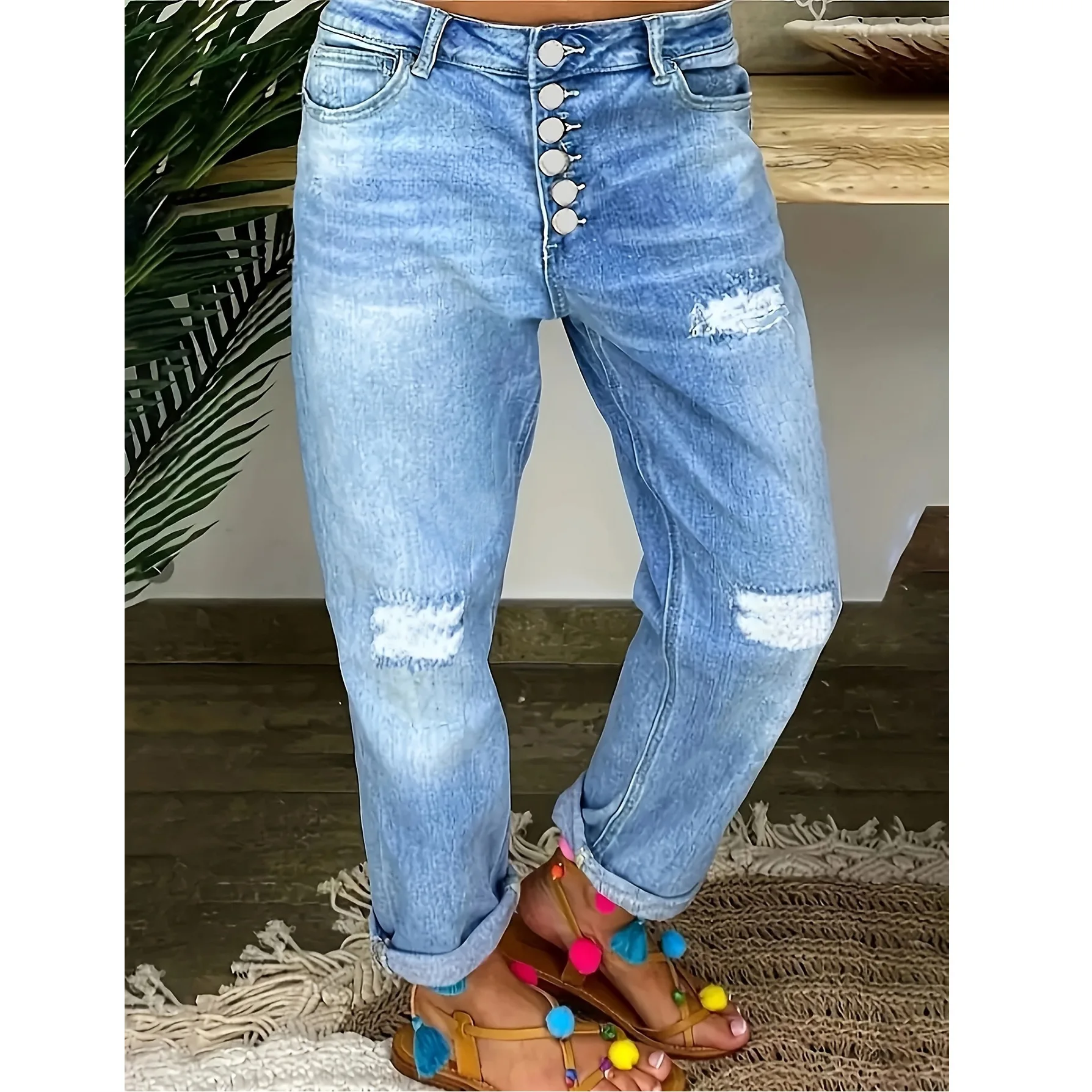 Low Waist Slimming Ripped Jeans for Women Straight Leg Cotton Blend Faionable Tear Design Blue Color
Low Waist Slimming Ripped Jeans for Women Straight Leg Cotton Blend Faionable Tear Design Blue Color