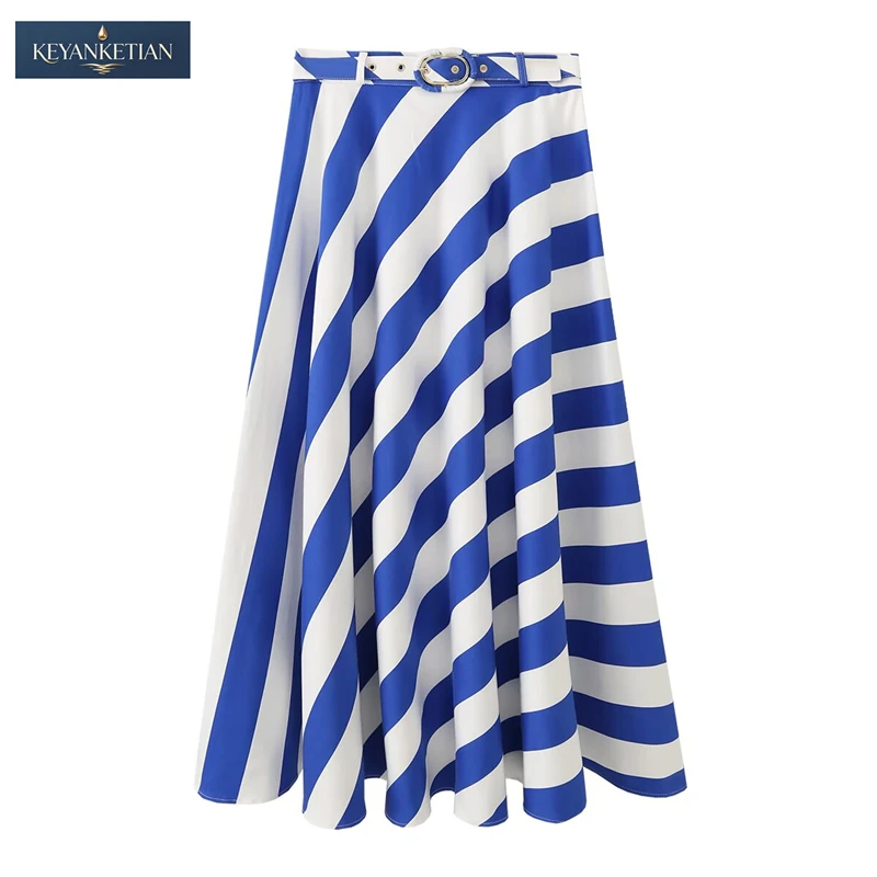 KEYANKETIAN 2026 Elegant Striped A-Line Maxi Skirt Women High Waist With Belt Blue White Stripe Flared Casual Office Skirt
KEYANKETIAN 2026 Elegant Striped A-Line Maxi Skirt Women High Waist With Belt Blue White Stripe Flared Casual Office Skirt