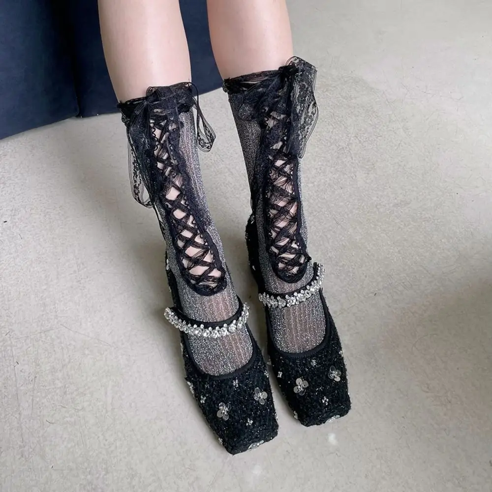 Fashion Thin Lolita Lace Socks Hollow Out Lace-up Mid Calf Socks Hosiery Bowknot Pile Up Stockings Female
Fashion Thin Lolita Lace Socks Hollow Out Lace-up Mid Calf Socks Hosiery Bowknot Pile Up Stockings Female