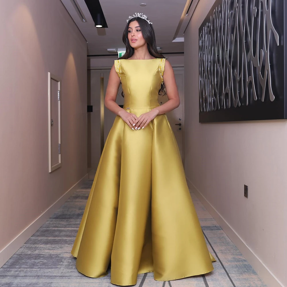 Customized Simple Golden Boat Neck Satin Evening Dress Sleeveless Draped Backless Party Dress A-line Floor Length Prom Gown
Customized Simple Golden Boat Neck Satin Evening Dress Sleeveless Draped Backless Party Dress A-line Floor Length Prom Gown