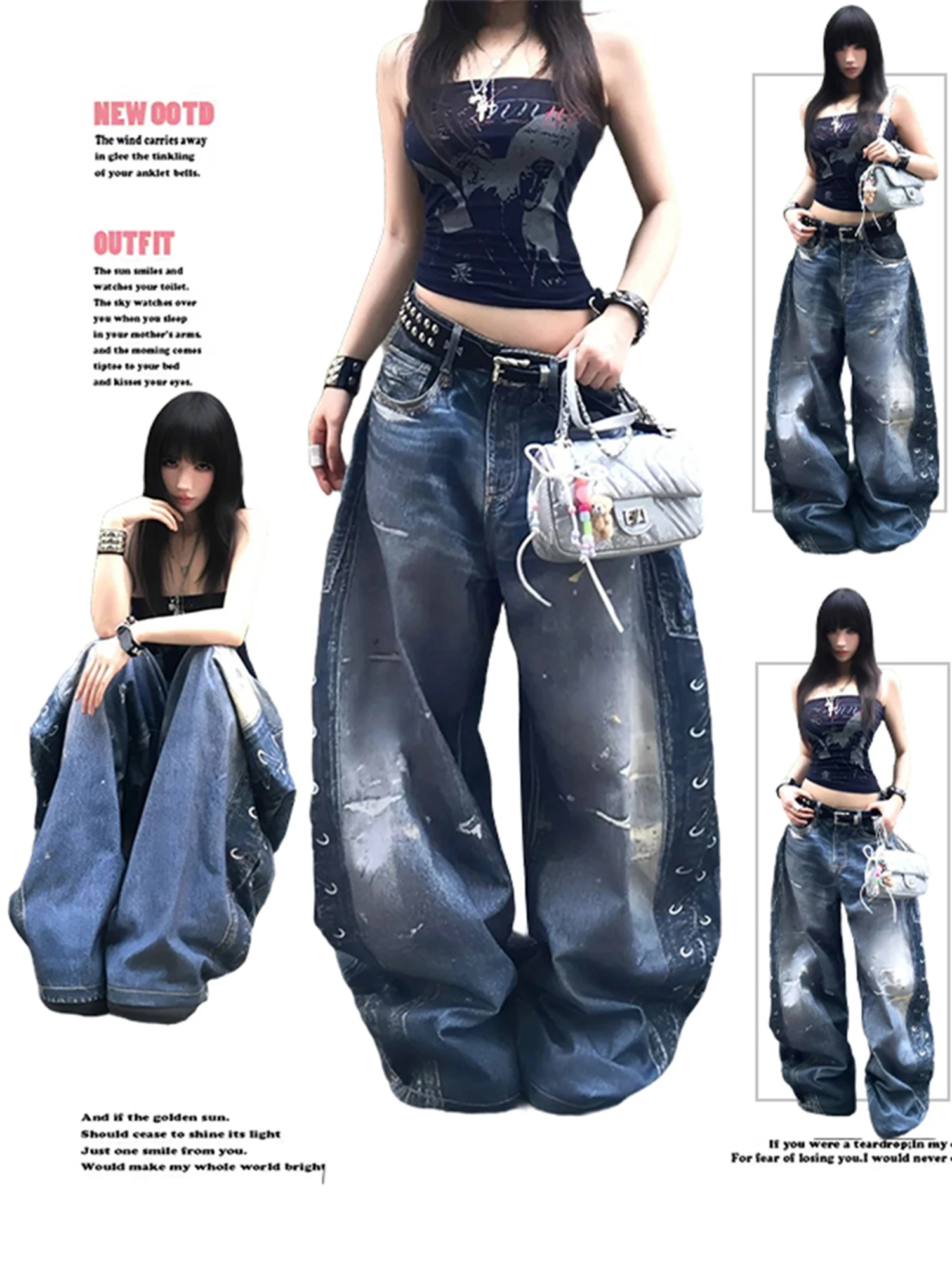 Women's High Waist Wide Leg Blue Jeans Vintage Washed Paint Splatter Side Eyelet Detail Retro Y2K Streetwear Denim Trousers
Women's High Waist Wide Leg Blue Jeans Vintage Washed Paint Splatter Side Eyelet Detail Retro Y2K Streetwear Denim Trousers