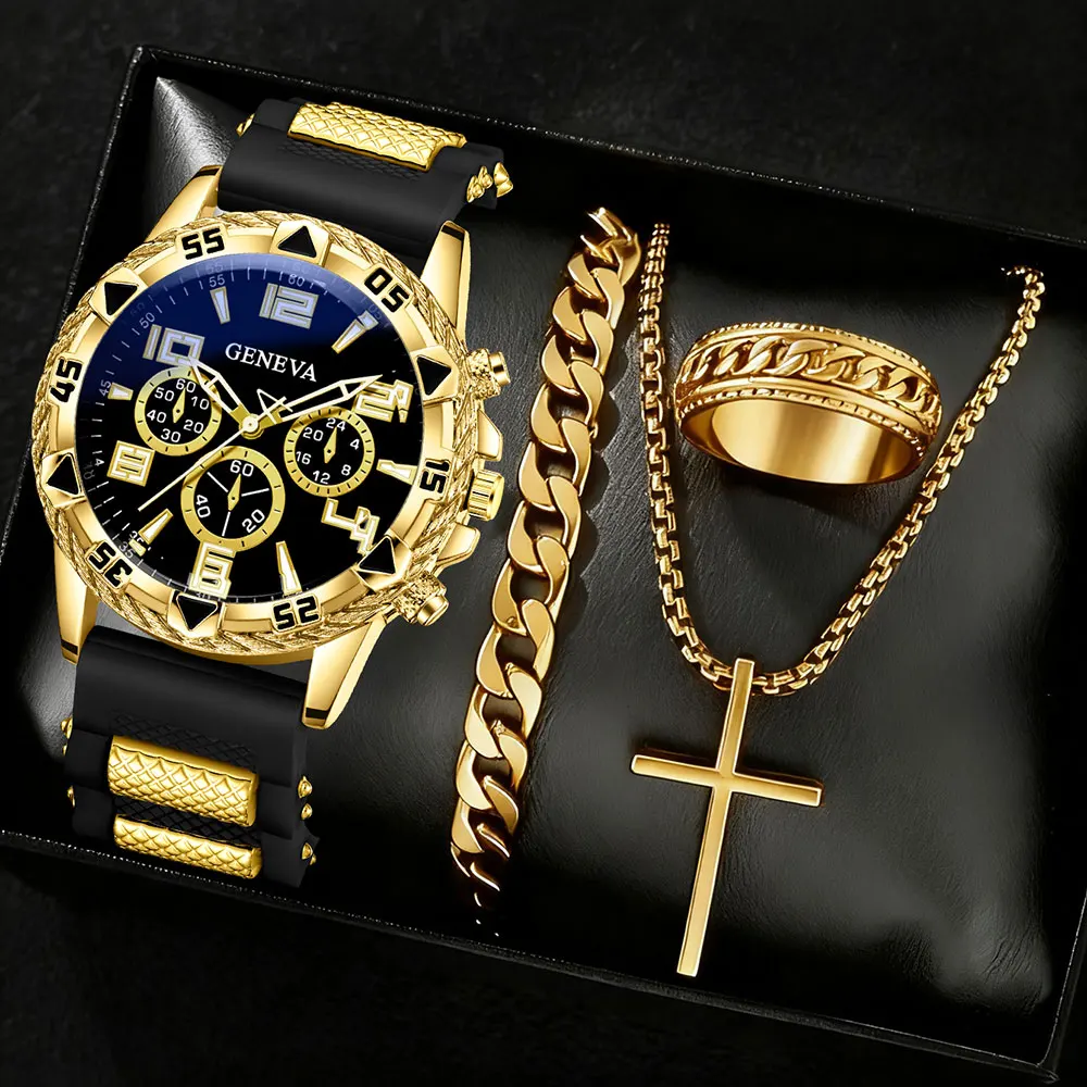 Geneva Black Gold Tape Three Eye Men's Sports Watch Cuban Bracelet Cross Necklace Fried Dough Twists Ring Set of Four
Geneva Black Gold Tape Three Eye Men's Sports Watch Cuban Bracelet Cross Necklace Fried Dough Twists Ring Set of Four