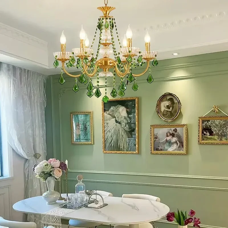 French Retro Copper Rreen Crystal Living Room Chandeliers Light Luxury Dining Room Bedroom Study Candle Pendant Lights E14 Lamp
French Retro Copper Rreen Crystal Living Room Chandeliers Light Luxury Dining Room Bedroom Study Candle Pendant Lights E14 Lamp