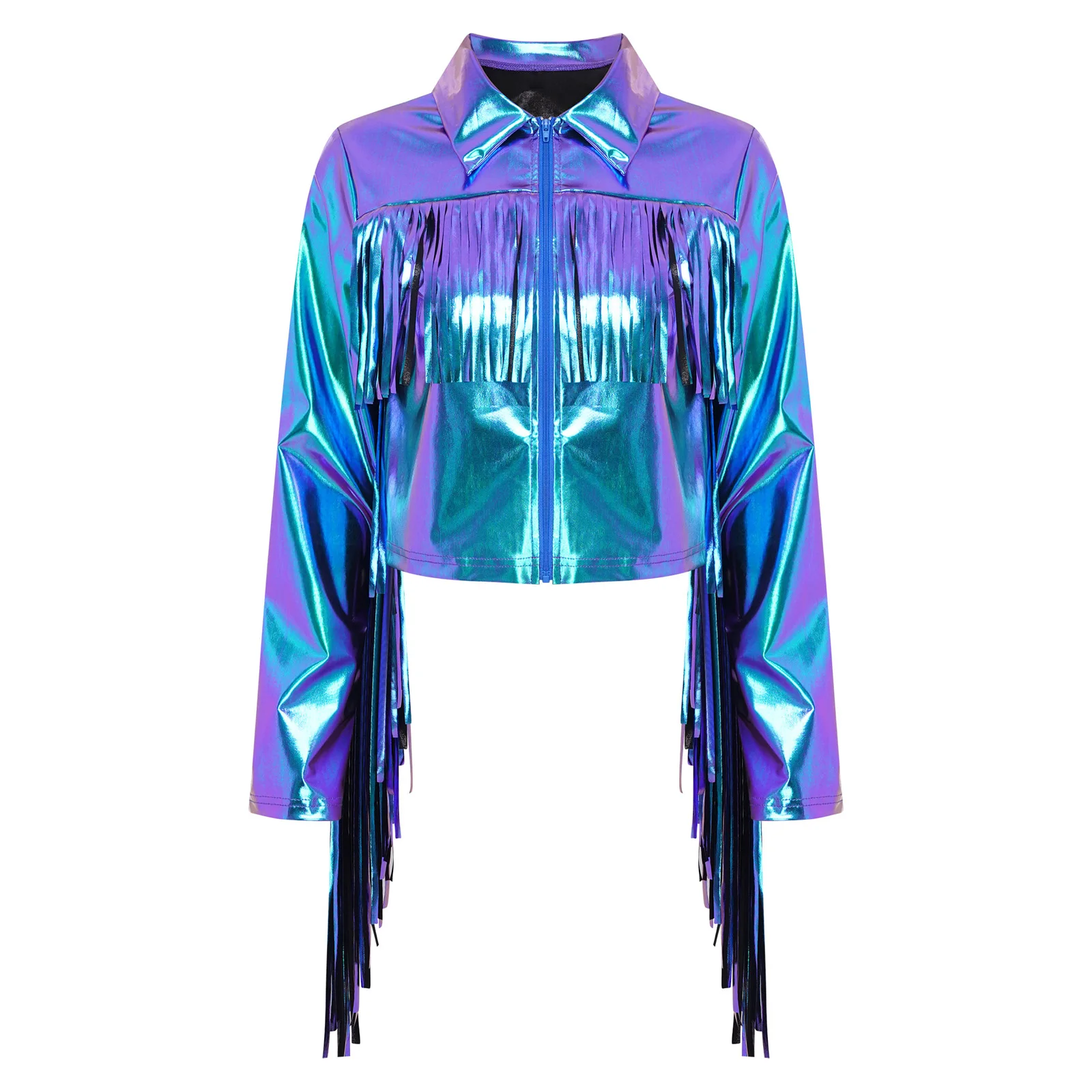Womens Tassels Metallic Glossy Tops Turn-Down Collar Long Sleeve Zipper Fringe Shiny Jacket for Disco Dance Music Festival Party
Womens Tassels Metallic Glossy Tops Turn-Down Collar Long Sleeve Zipper Fringe Shiny Jacket for Disco Dance Music Festival Party
