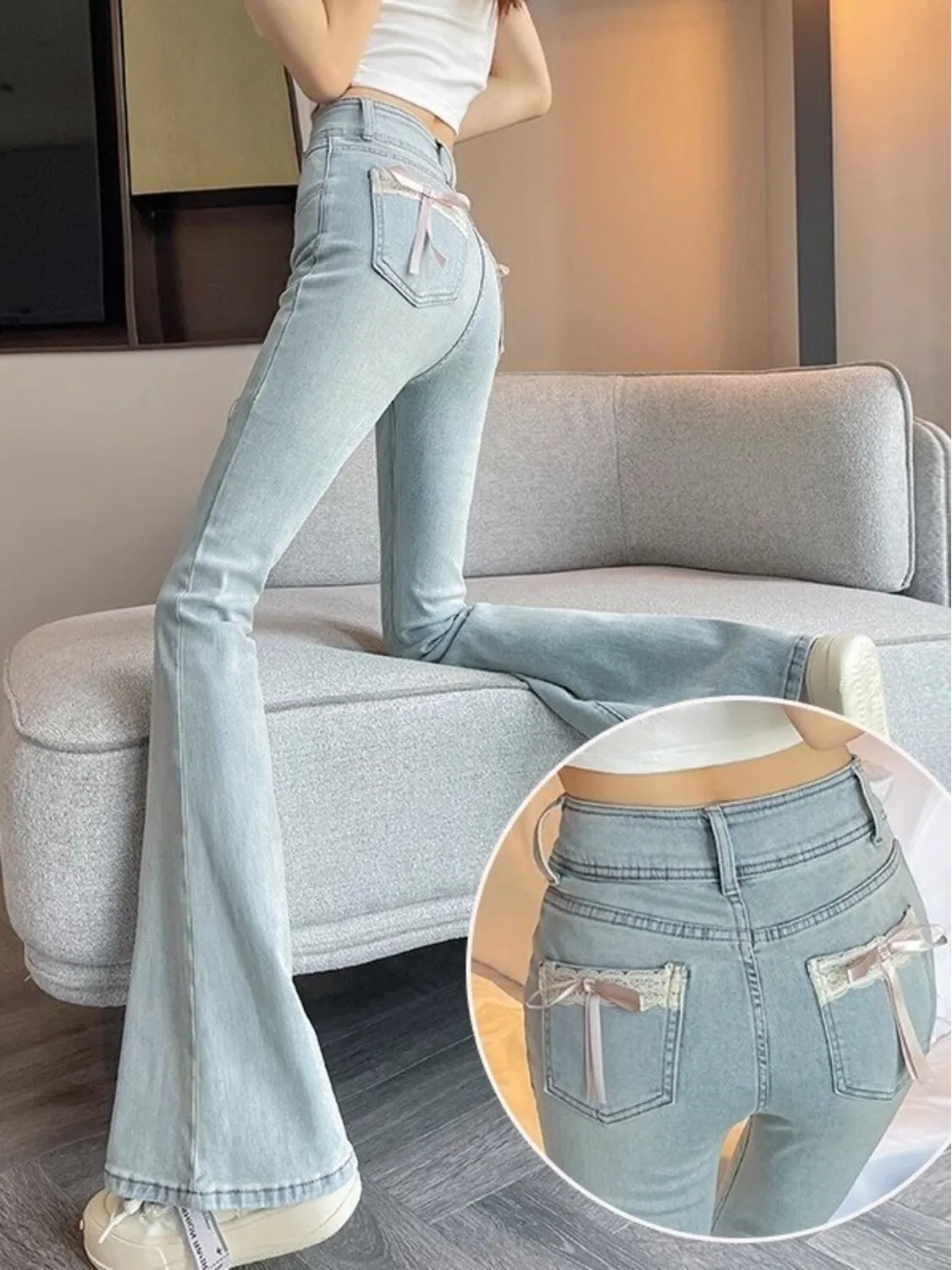 Women High Waist Flare Jeans Slim Fit Light Blue Wash Denim Pants with Lace Bow Pocket Y2K Streetwear 2026 Summer
Women High Waist Flare Jeans Slim Fit Light Blue Wash Denim Pants with Lace Bow Pocket Y2K Streetwear 2026 Summer