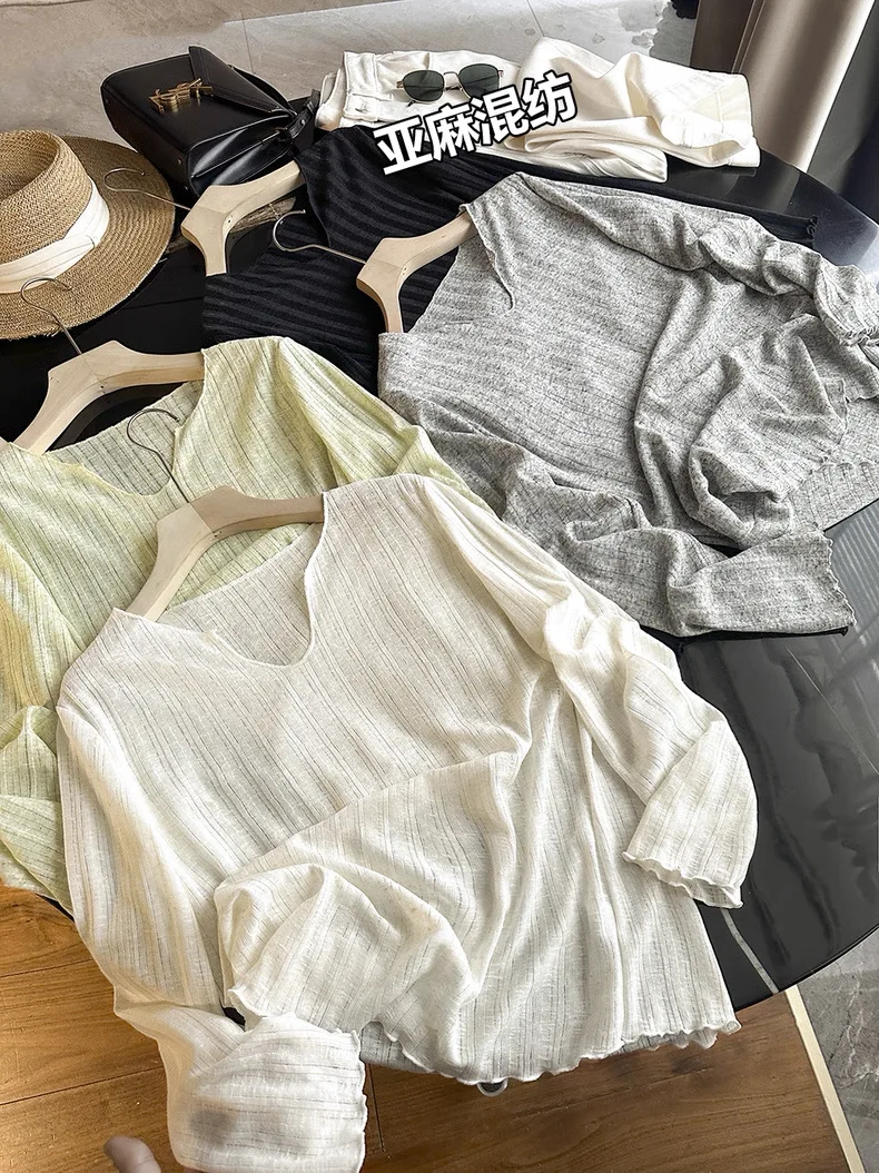 Linen Blend Long Sleeve V-Neck Knitted Cover up T-Shirt Women's Loose Fit Summer Breathable Comfortable Thin Top
Linen Blend Long Sleeve V-Neck Knitted Cover up T-Shirt Women's Loose Fit Summer Breathable Comfortable Thin Top