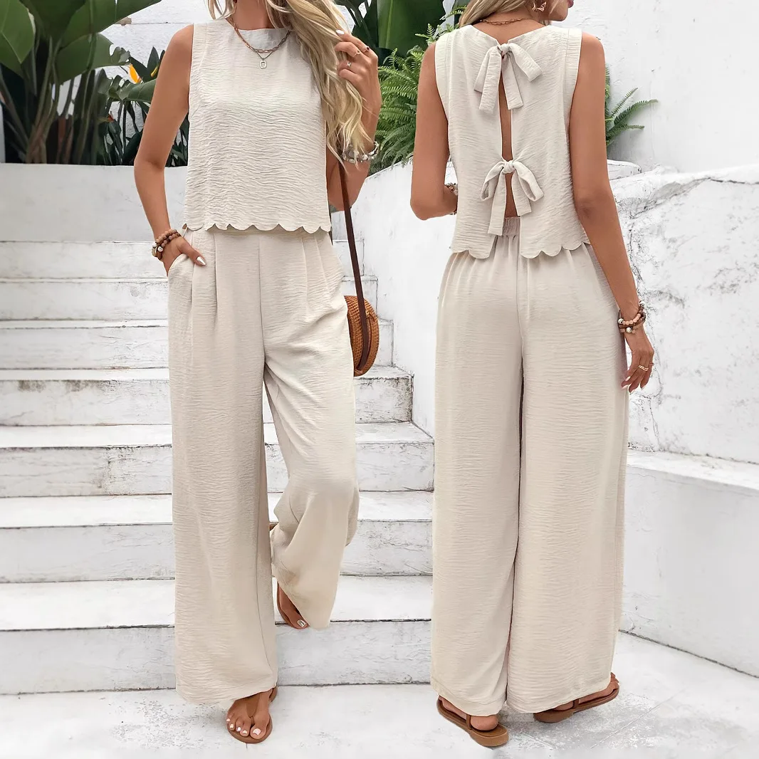 Summer Women 2 Pieces Outfits Contrast Lace UP Hollow V-Neck Tank Top Blouses & High Waist Wide Leg Pants Set For Women
Summer Women 2 Pieces Outfits Contrast Lace UP Hollow V-Neck Tank Top Blouses & High Waist Wide Leg Pants Set For Women