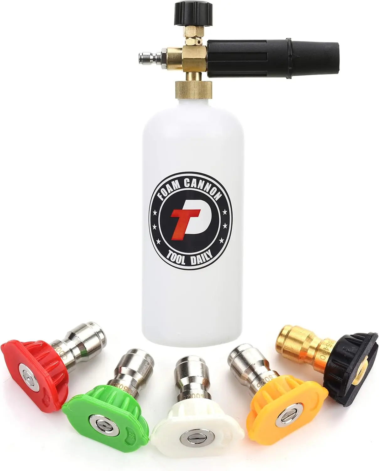 Foam Cannon with 1/4 Inch Quick Connector, 1 Liter, 5 Pressure Washer Nozzle Tips
Foam Cannon with 1/4 Inch Quick Connector, 1 Liter, 5 Pressure Washer Nozzle Tips