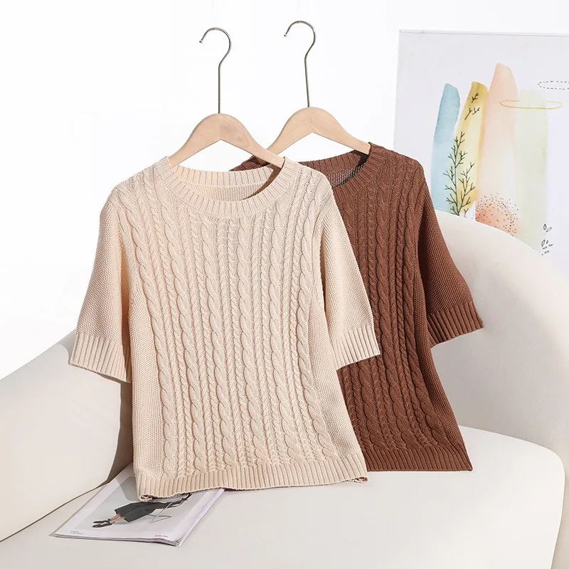 Summer new retro and comfortable Tencel knitted top, round neck short-sleeved women's twisted rope twist knitted sweater
Summer new retro and comfortable Tencel knitted top, round neck short-sleeved women's twisted rope twist knitted sweater