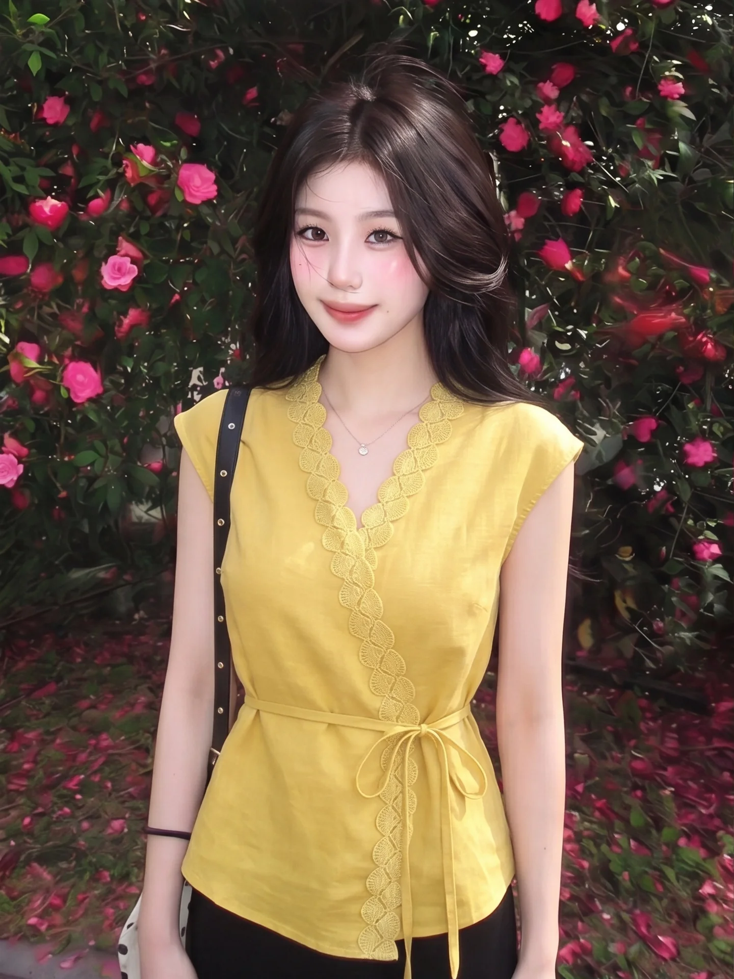 Yellow V-neck Short Sleeve Shirt Women's Summer New Style Design Waist-cinching Bow Tie Top Fashionable Wood Grain
Yellow V-neck Short Sleeve Shirt Women's Summer New Style Design Waist-cinching Bow Tie Top Fashionable Wood Grain