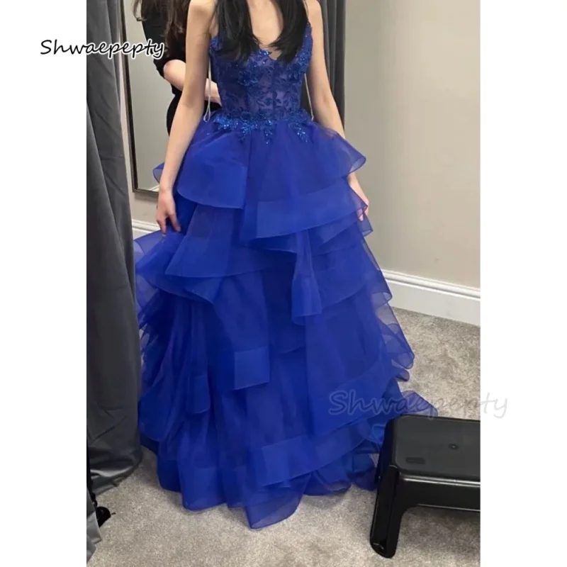 Ruffles Tiered Prom Dresses Spaghetti Straps Floor Length A-Line Royal Blue Special Occasion Dress Lace Appliques Customized
Ruffles Tiered Prom Dresses Spaghetti Straps Floor Length A-Line Royal Blue Special Occasion Dress Lace Appliques Customized