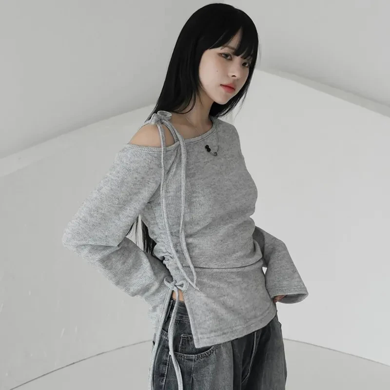 Women Off Shoulder T Shirt Autumn Long Sleeve Streetwear Hottie Slim Fit Tees Skew Collar Lace Up Split Gray Casual Vintage Tops
Women Off Shoulder T Shirt Autumn Long Sleeve Streetwear Hottie Slim Fit Tees Skew Collar Lace Up Split Gray Casual Vintage Tops