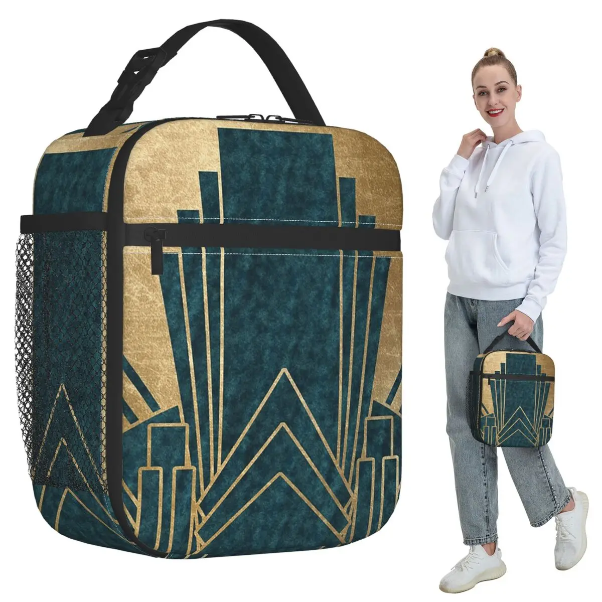 Art Deco Glamour - Изолированная сумка для обеда в стиле арт-деко, цвета бирюзового и золотого, для детей, школьная термосумка для еды, портативный контейнер для обедов
Art Deco Glamour - Изолированная сумка для обеда в стиле арт-деко, цвета бирюзового и золотого, для детей, школьная термосумка для еды, портативный контейнер для обедов